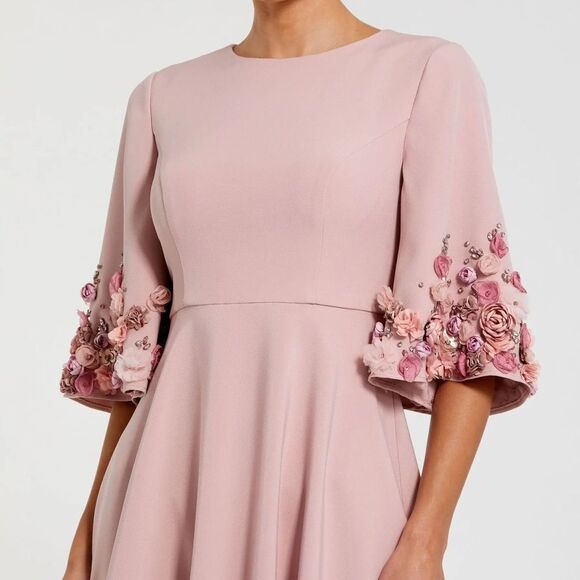 MAC DUGGAL 11854 Pink Crepe 3/4 Sleeve A-line Gown With Flower Trim - Picture 3 of 13